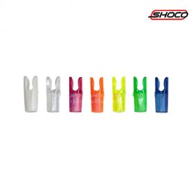 Shocq Pin Nock Size S, available in vibrant transparent colors and solid white, offers a secure fit comparable to Easton 0.88 and Beiter Size 1. Ideal for reliable arrow performance.