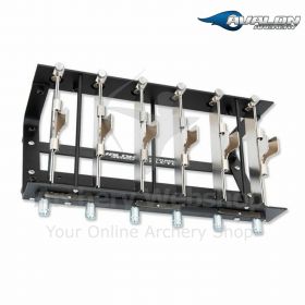 "Complete fletching jig set including six straight clamps, an instruction book, and a clamp holder, ideal for efficient and precise arrow fletching for archery enthusiasts."